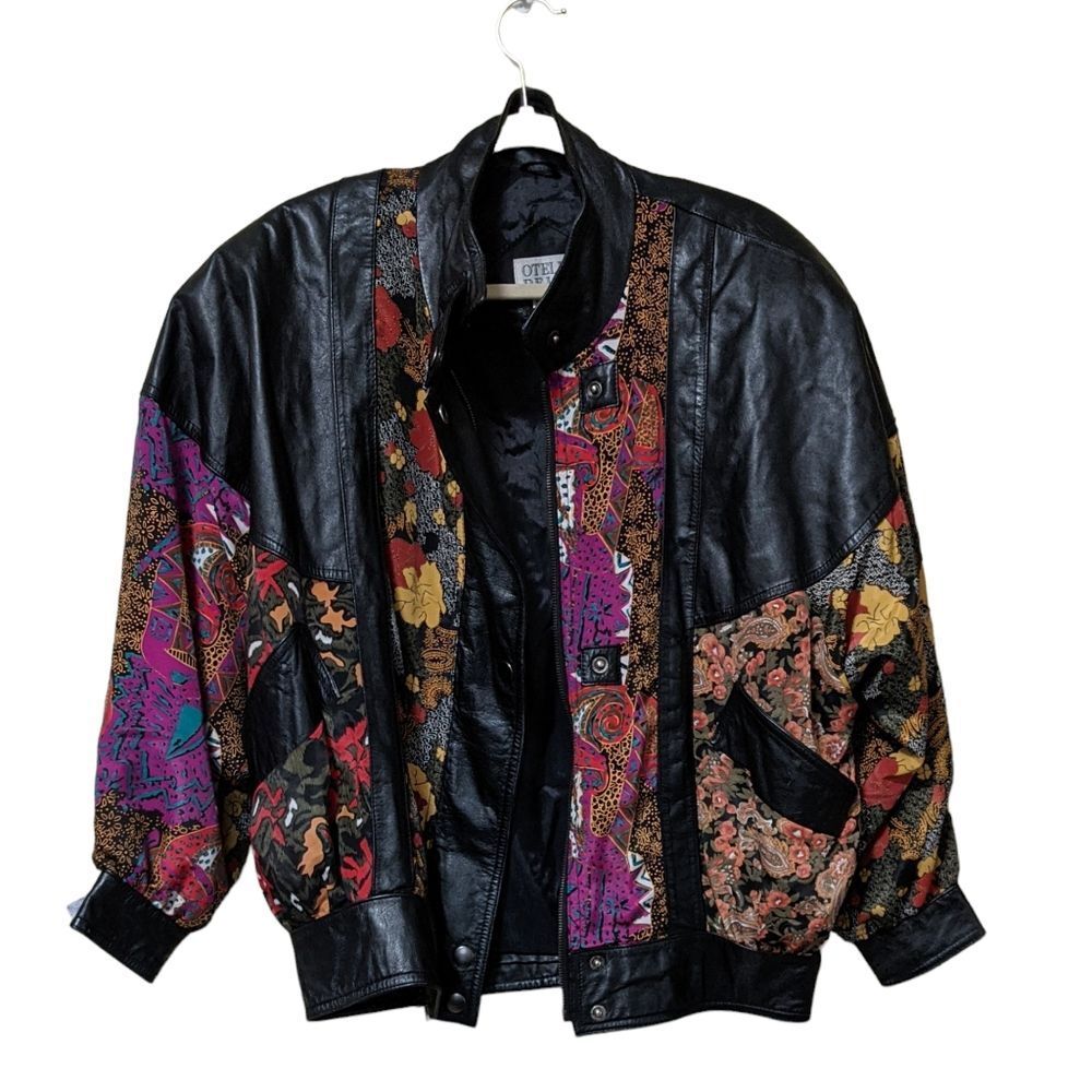 Pelle vintage leather textile floral abstract panels bomber 80's size Small - Picture 10 of 10